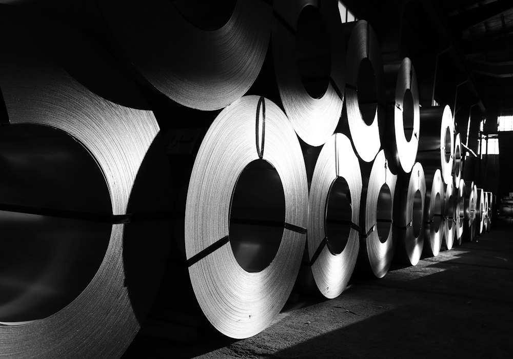 Galvanised steel coils in a warehouse